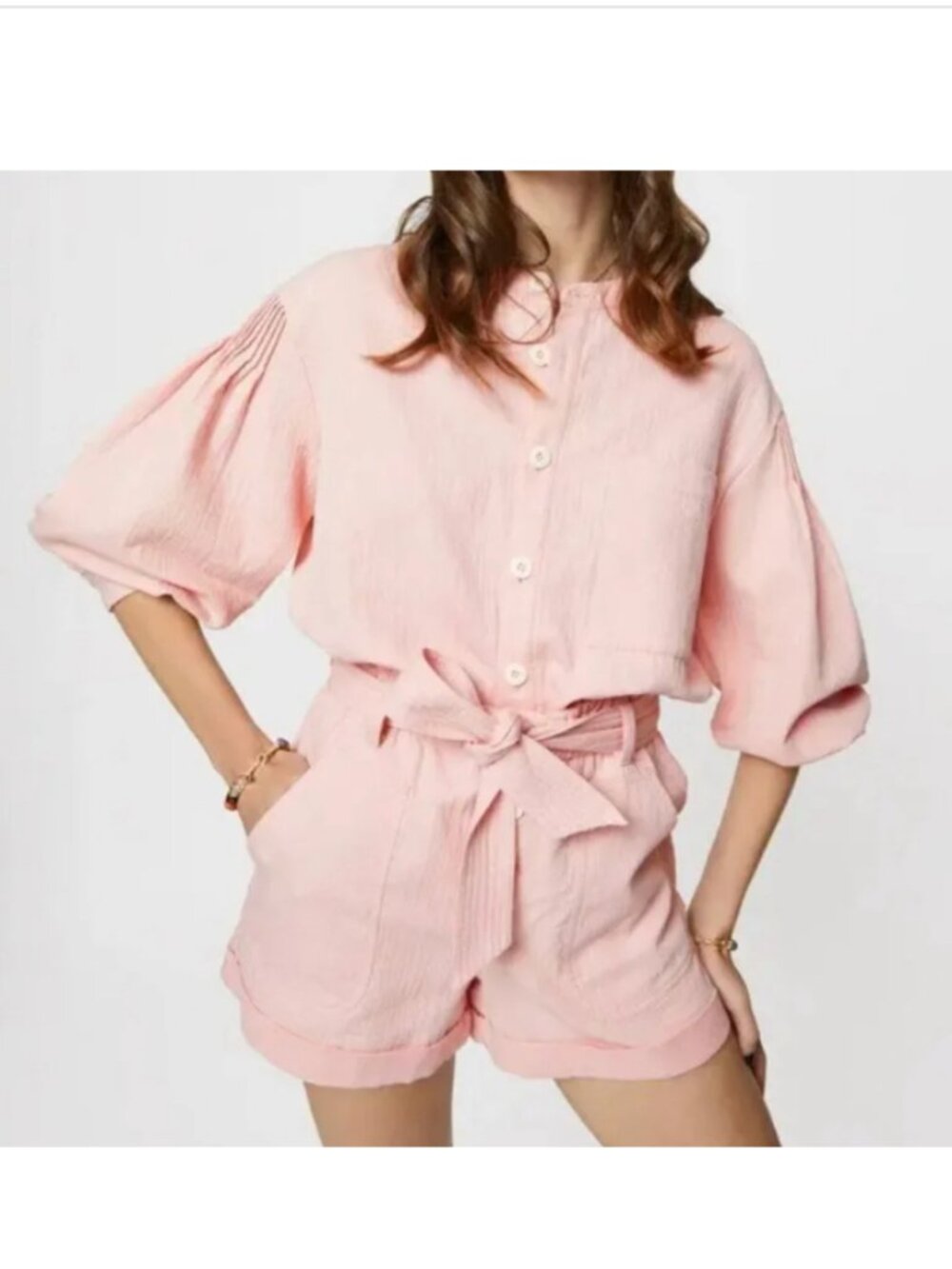 Rebecca Minkoff Sammie Long Sleeve Utility Romper Pink Cotton XXS